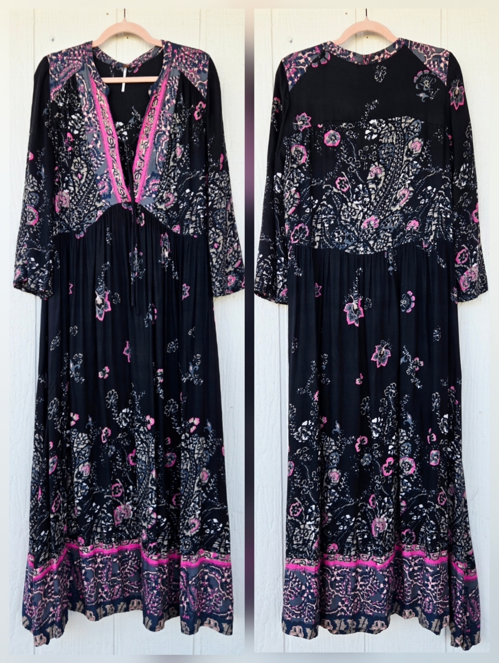 Free People If You Only Knew Boho Western Floral Tie Neck Longsleeve Maxi Medium